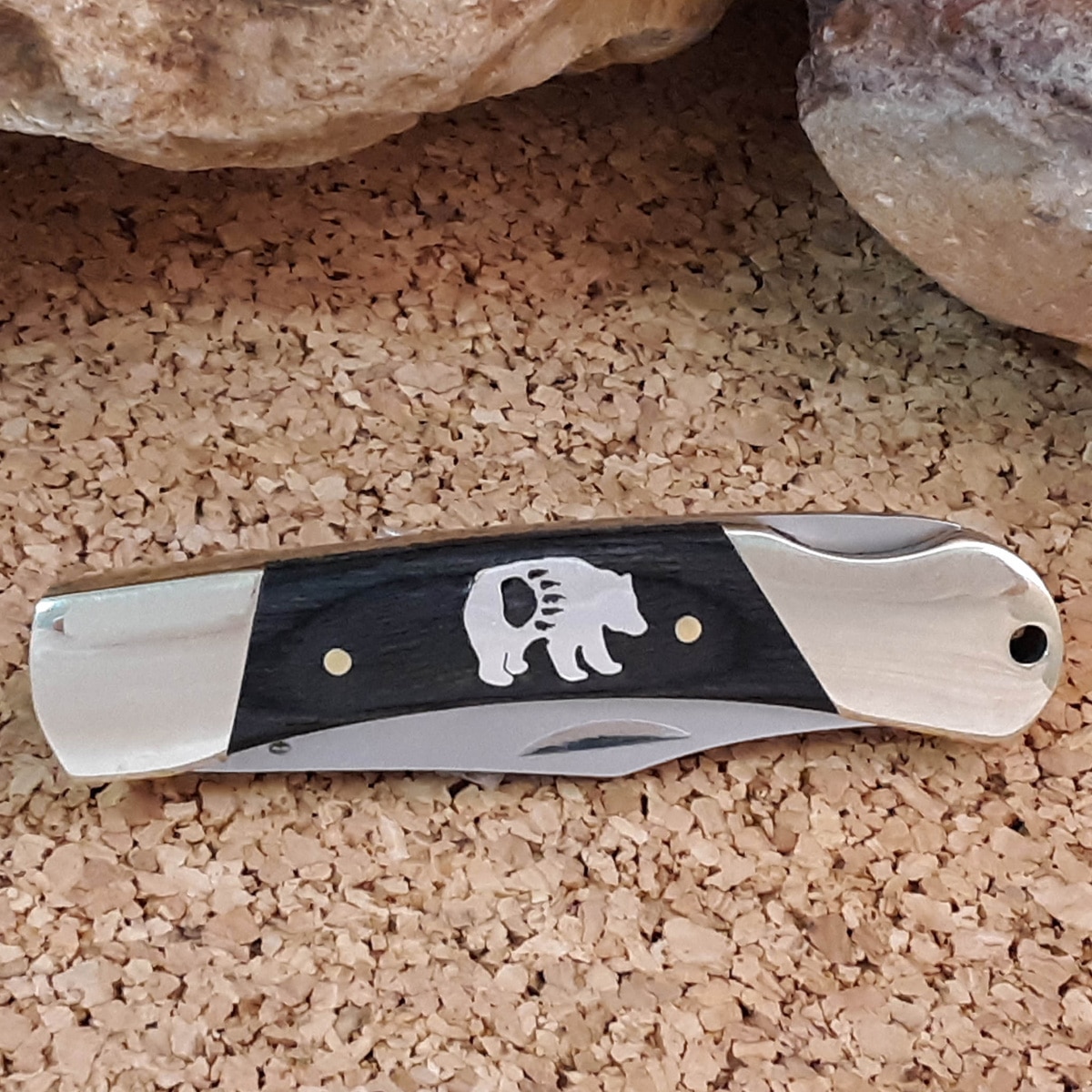 Inlaid Silver Bear Locking Pocket Knife