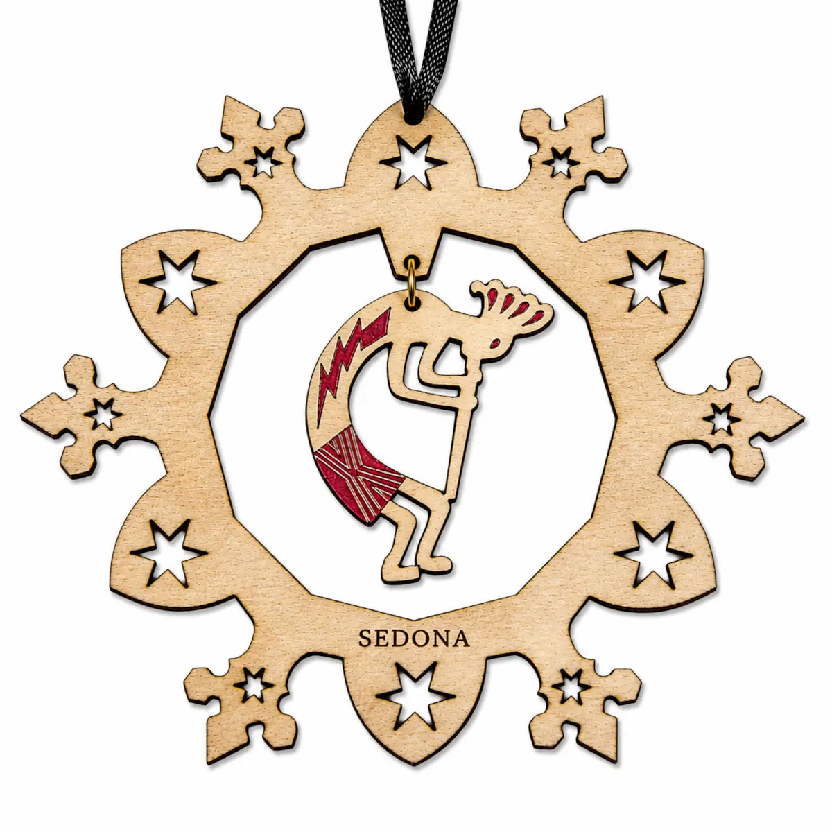 Kokopelli in snowflake wood ornament