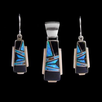 Onyx & Cultured Opal Pendant-Earring Set