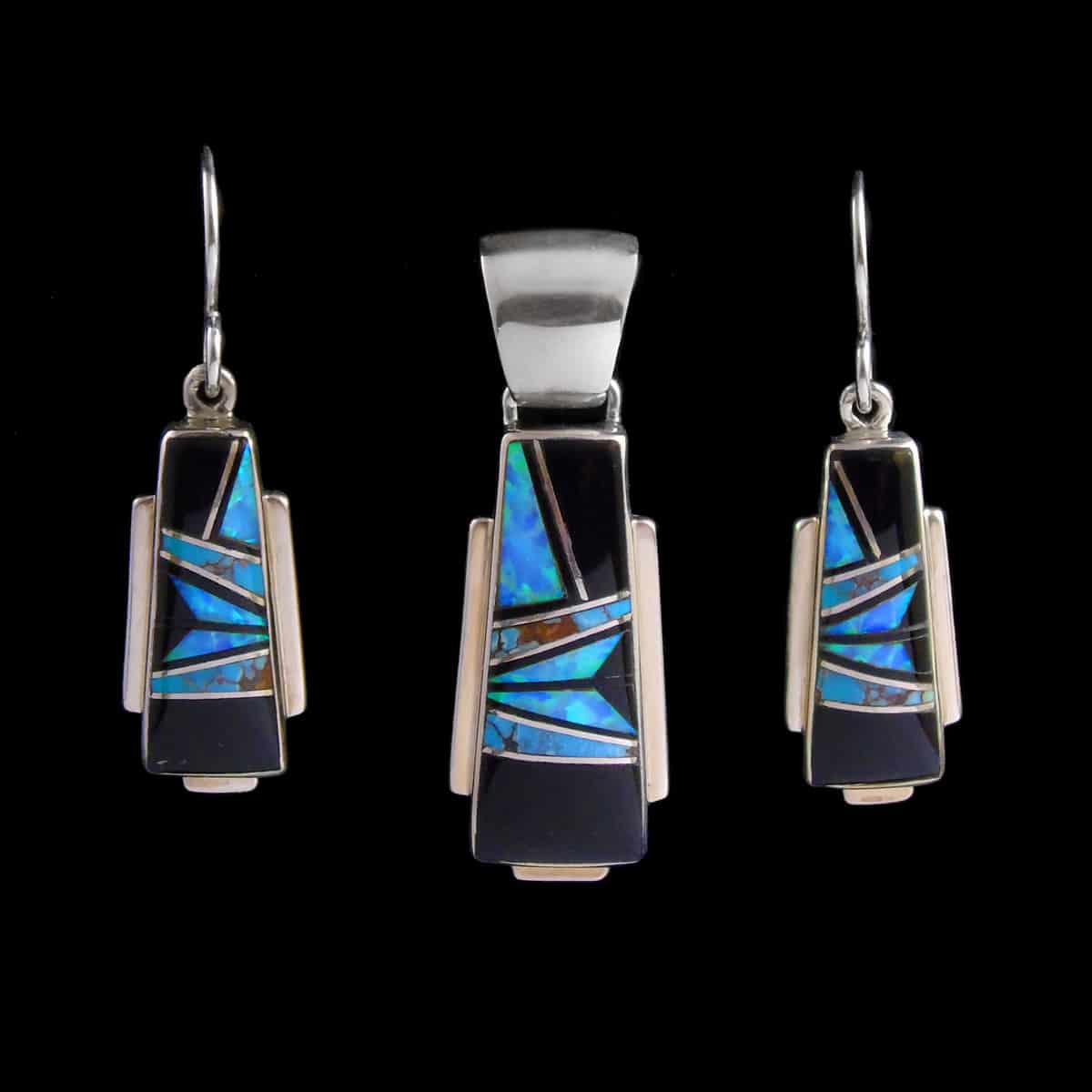Onyx & Cultured Opal Pendant-Earring Set