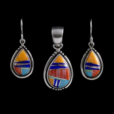 Multi-Stone Inlaid Pendant-Earring Set