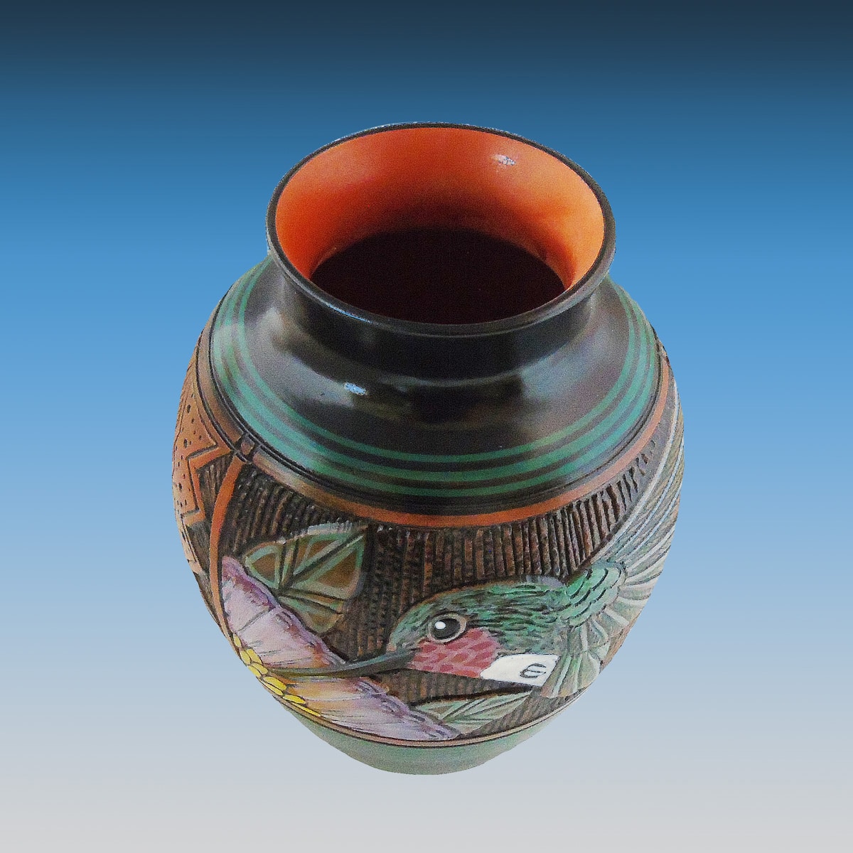 Authentic Paul Lansing Hummingbird & Flower Etched Vase - Image 4