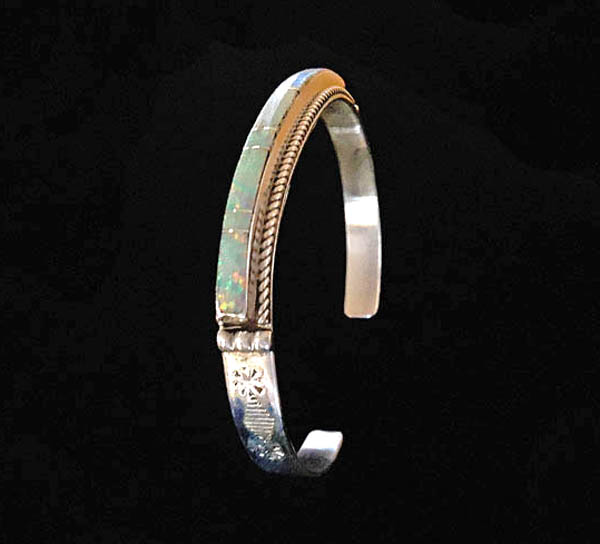 Zuni Cultured Opal Channel Inlaid Sterling Silver Bracelet - Image 2