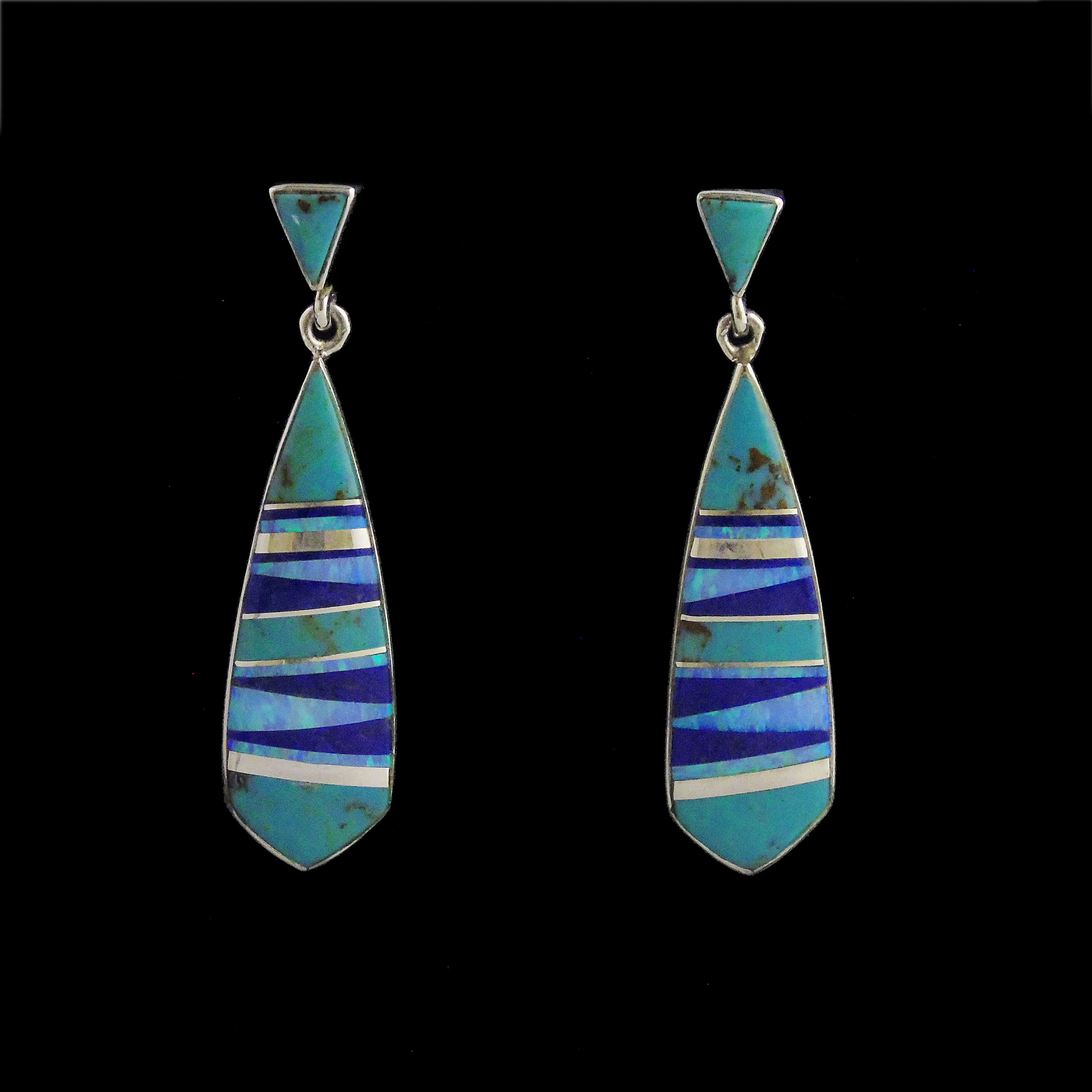 Turquoise, Cultured Opal, Lapis Navajo Inlaid Earrings