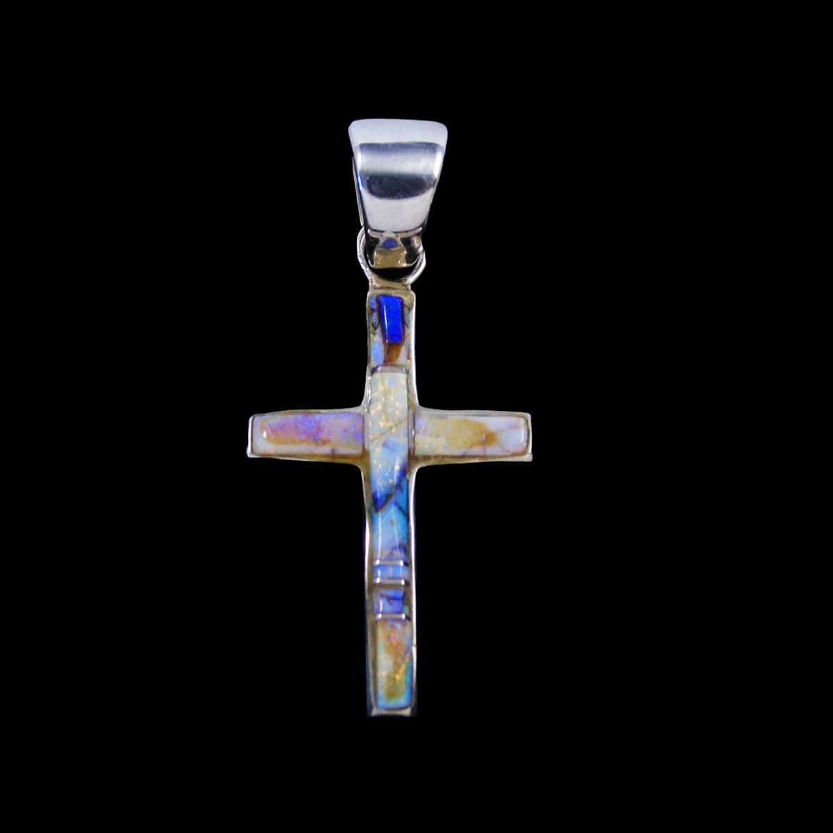 Navajo-Crafted Cultured Spiderweb Opal Inlaid Cross Pendant - Image 3