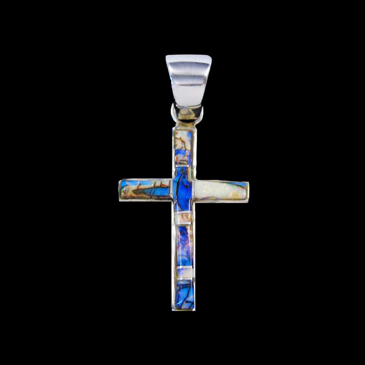 Navajo-Crafted Cultured Spiderweb Opal Inlaid Cross Pendant - Image 2