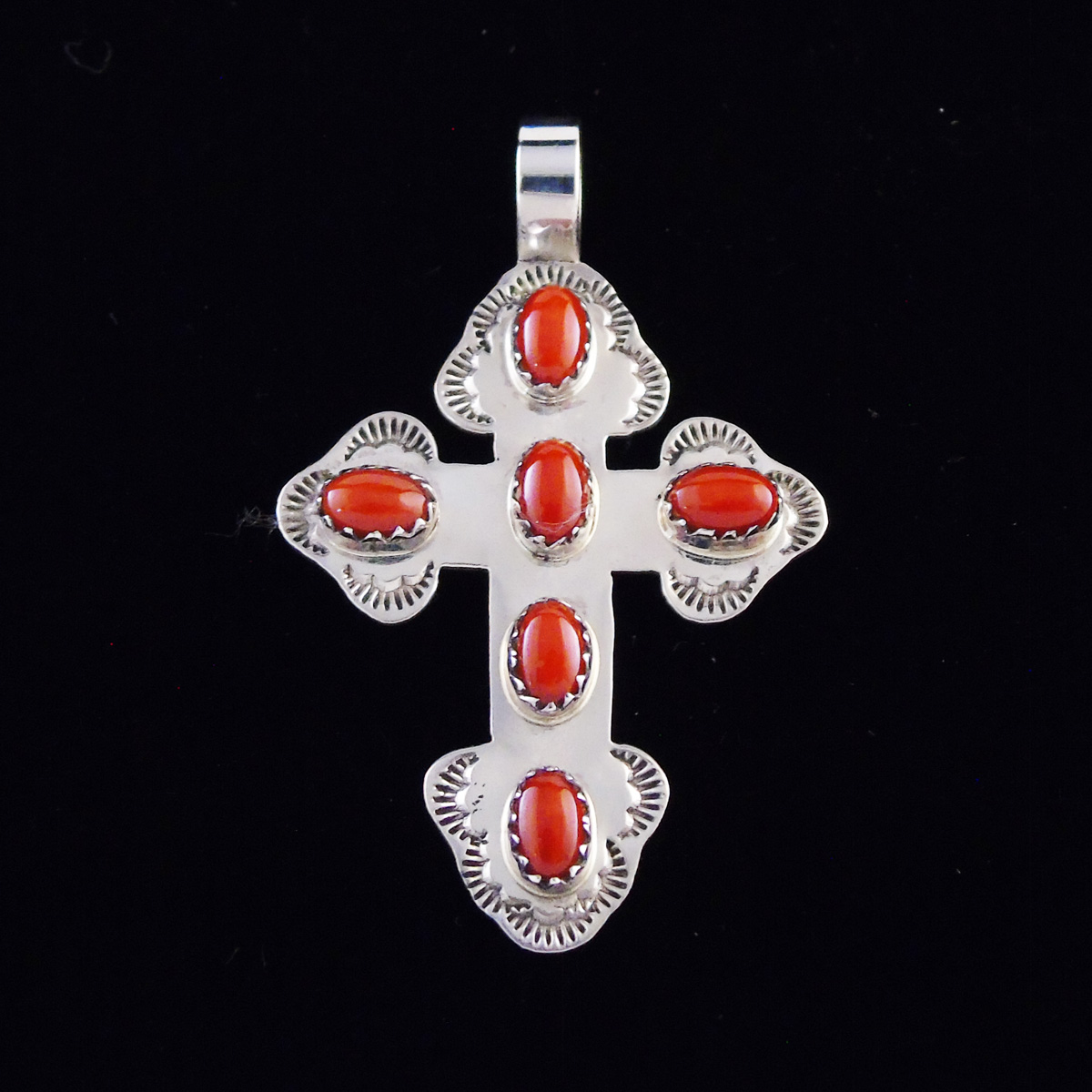 Silver Cross with Six Coral Stones
