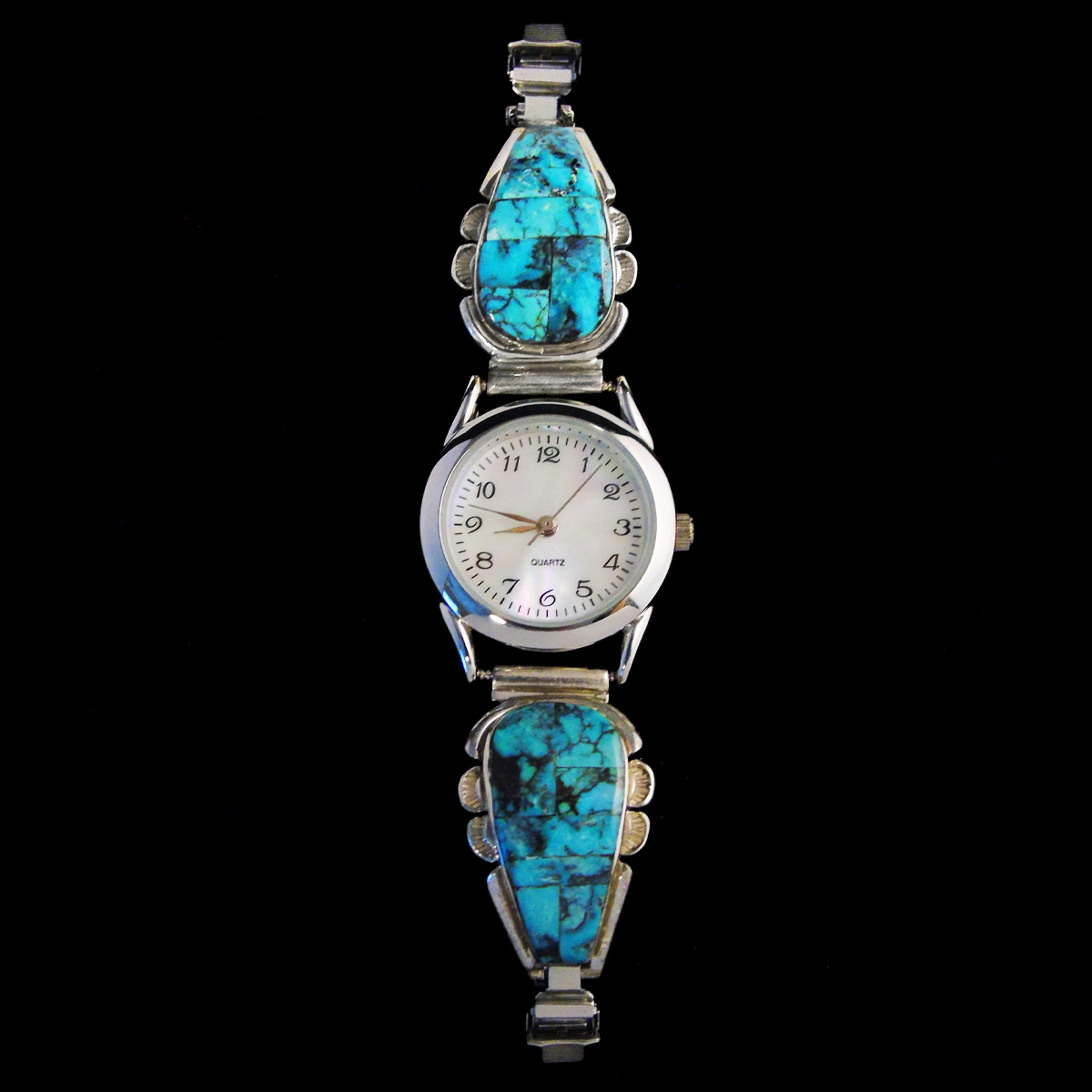 腕時計 Arizona Turquoise Indian Watch Hand Made Native American Sterling Silver Watches : Navajo Inlaid Black