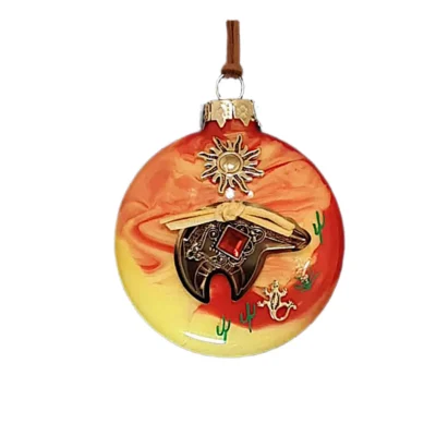 Red and yellow desert sunset glass Southwest ornament featuring a metallic bear fetish charm with red cabochon, tied suede bow, lizard charm, and sun emblem.