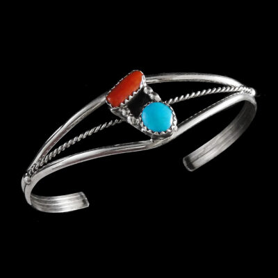 Coral & Turquoise Navajo Silver Bracelet