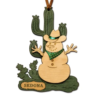 Wood Saguaro & Cowboy Snowman Ornament