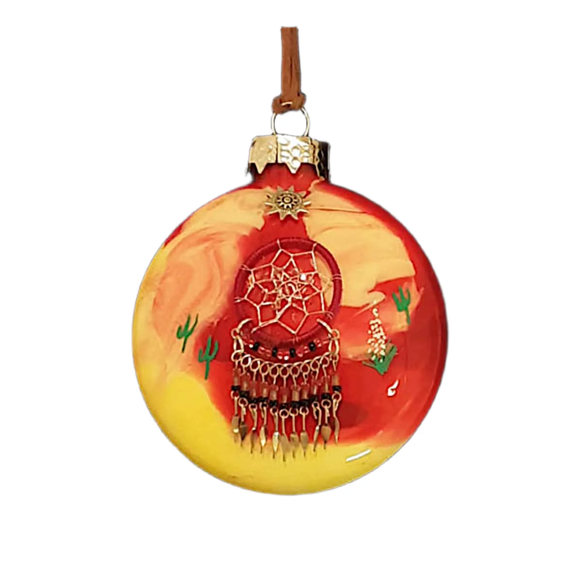 Red and yellow desert sunset glass Southwest ornament featuring a red dreamcatcher charm with beaded fringe, gold feathers, and sun emblem.