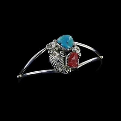 Turquoise and Coral w/Sterling Silver Leaves Bracelet