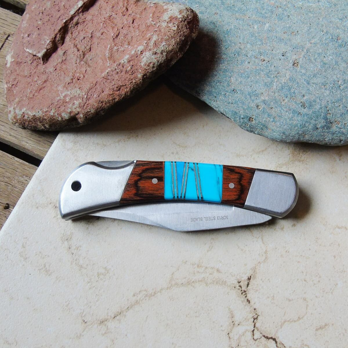 Handmade Turquoise Inlay Locking Pocket Knife – 6.75" Open