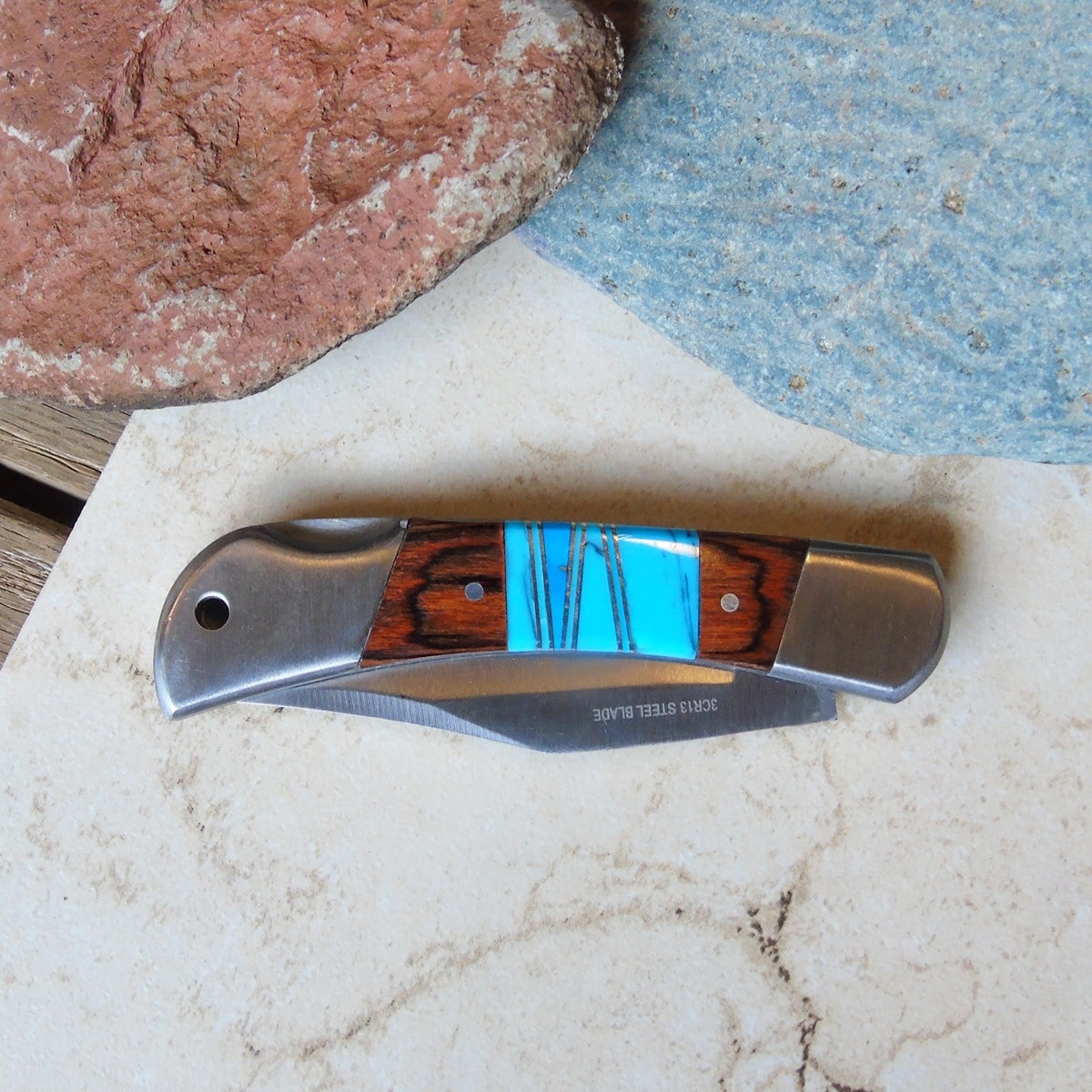 Handmade Turquoise Inlay Locking Pocket Knife – 6.75" Open