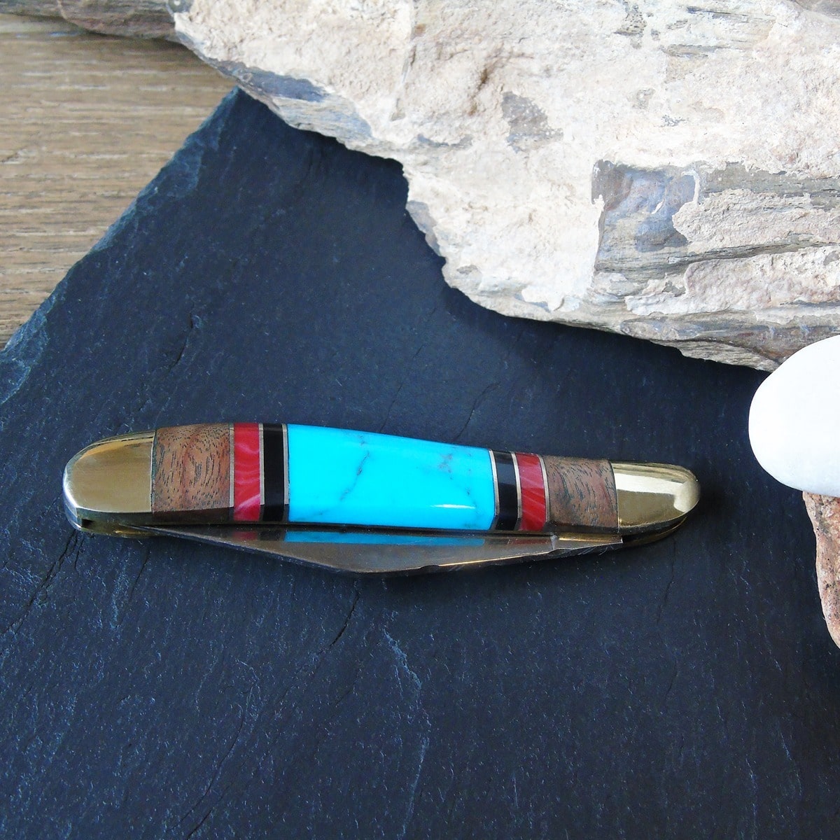 Handmade Turquoise, Coral & Onyx Inlay Locking Blade Knife