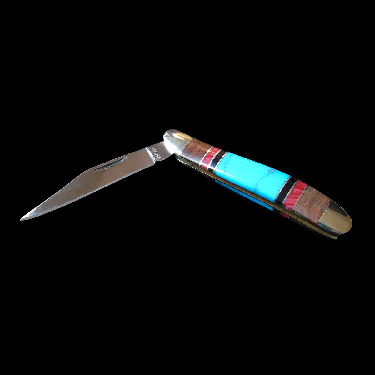 Handmade Turquoise, Coral & Onyx Inlay Locking Blade Knife