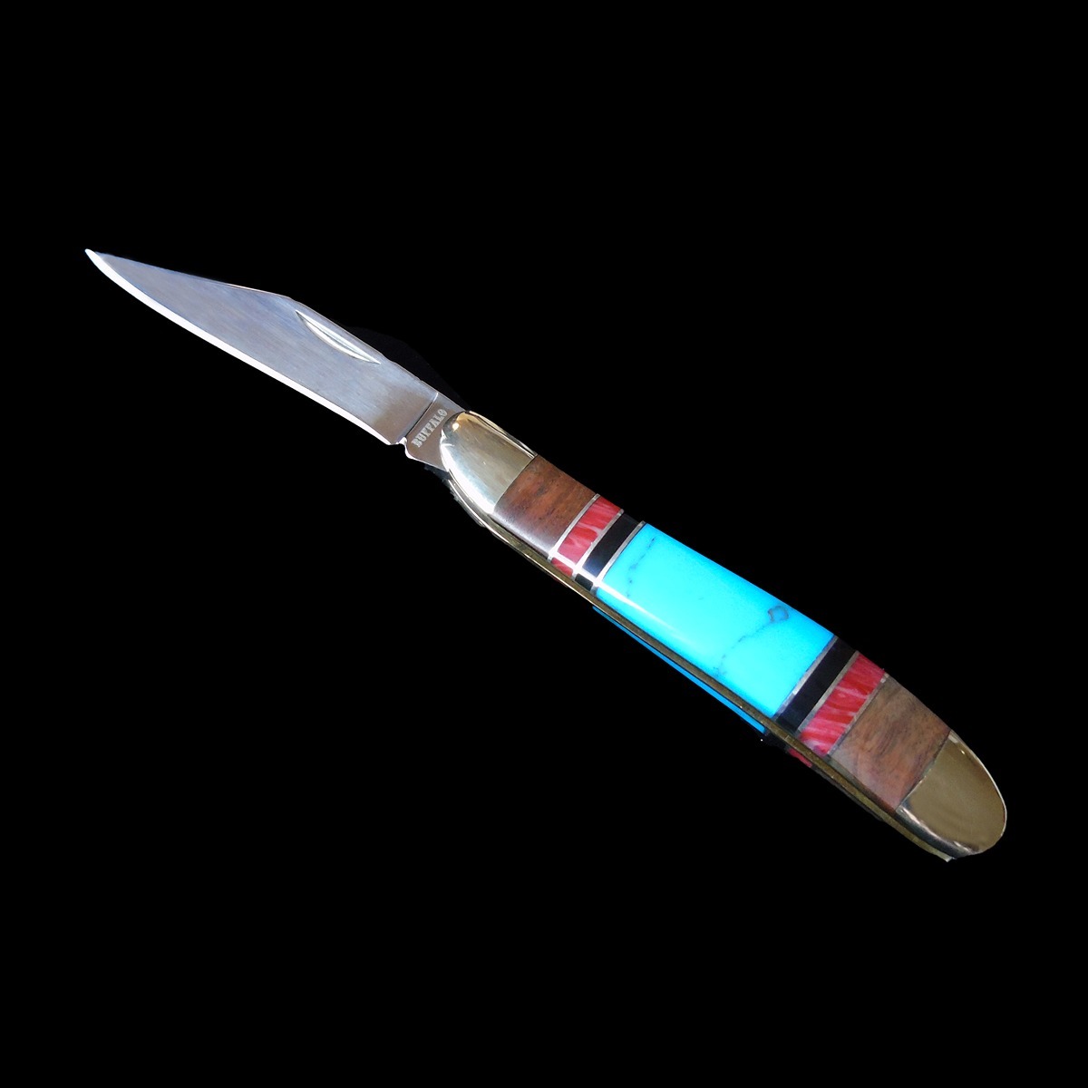 Handmade Turquoise, Coral & Onyx Inlay Locking Blade Knife