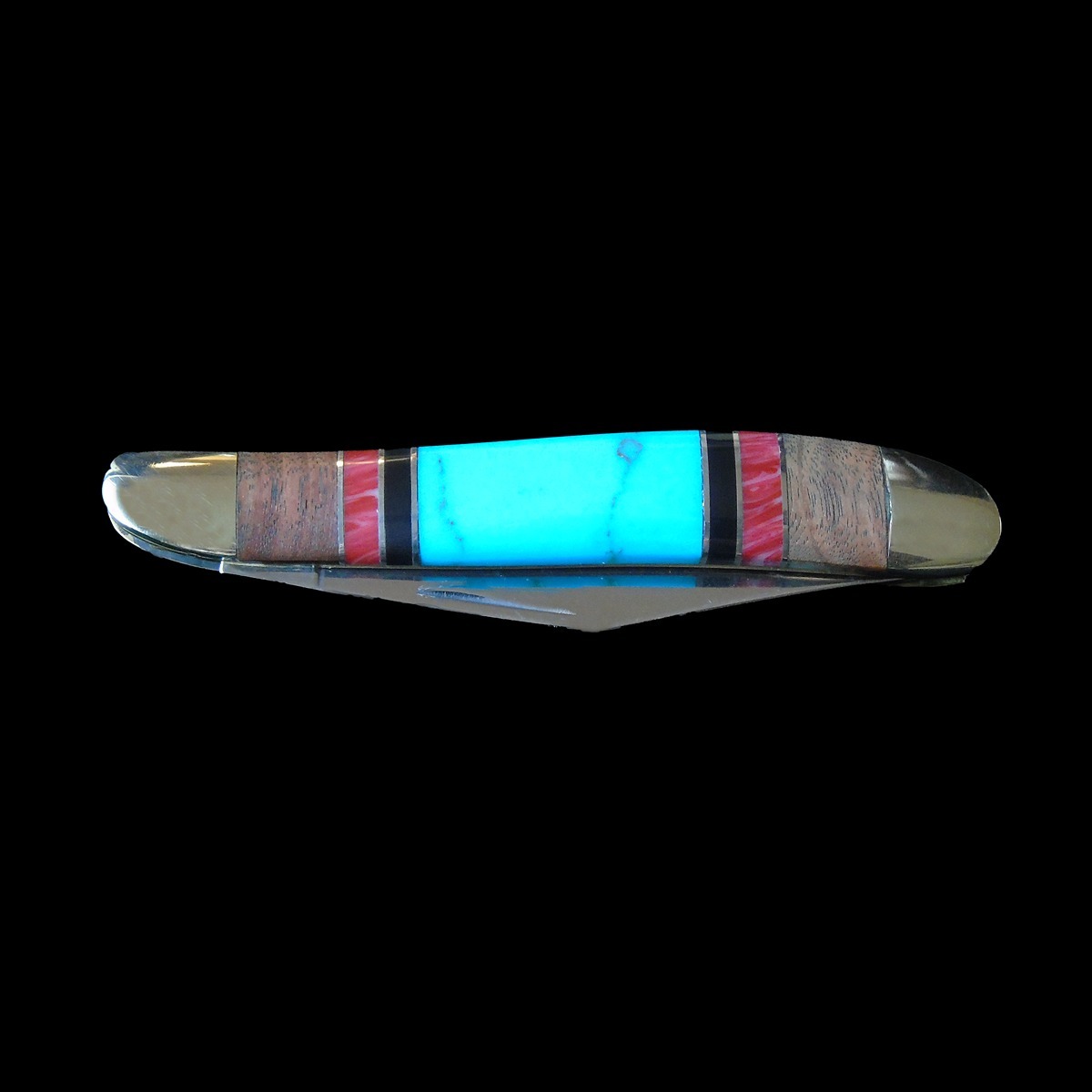 Handmade Turquoise, Coral & Onyx Inlay Locking Blade Knife