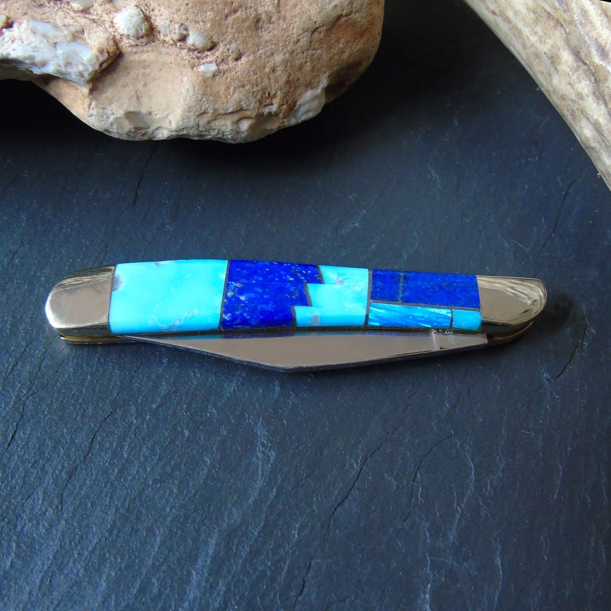 Turquoise, Lapis & Opal Inlay Pocket Knife – 4.75" Folding