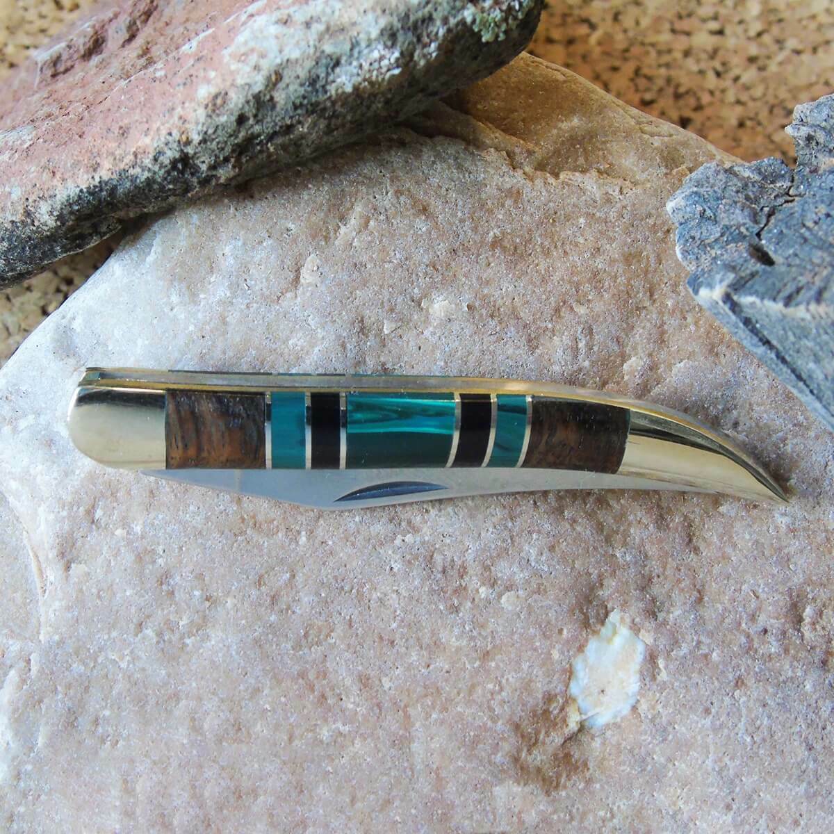 Toothpick Pocket Knife - Malachite, Onyx & Wood Inlay Handle