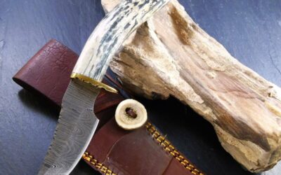 9.75″ Damascus Knife – Deerhorn Handle, Turquoise & Brass