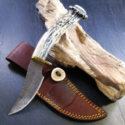9.75" Damascus Knife – Deerhorn Handle, Turquoise & Brass
