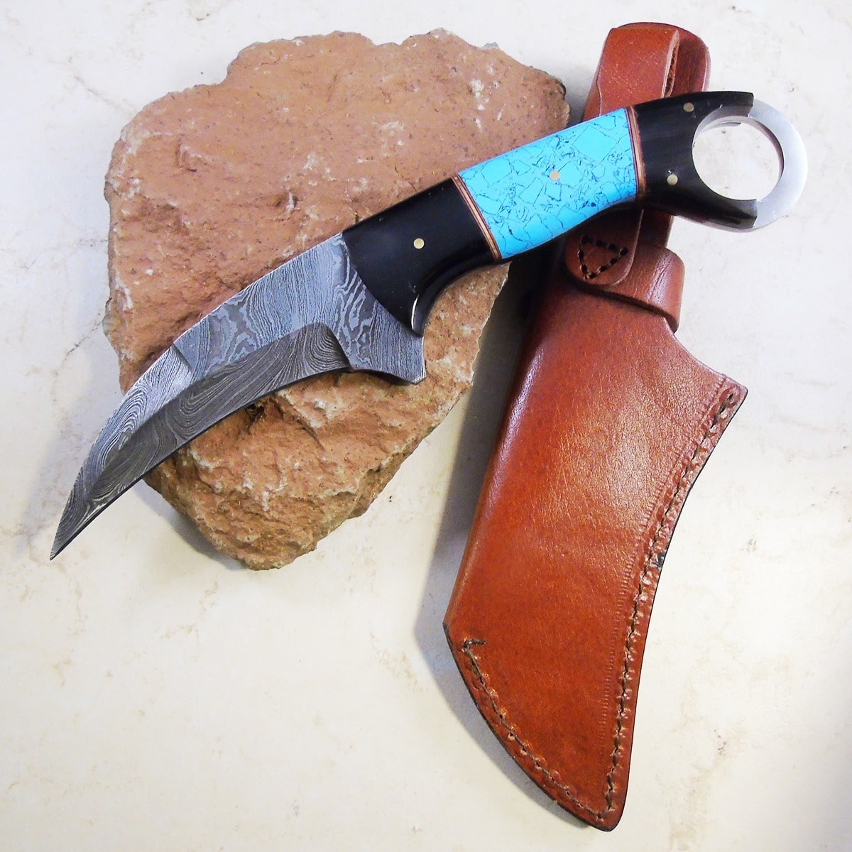 Rite Edge 9" Damascus Talon Knife – Bison Horn & Turquoise
