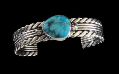 Navajo Sterling Silver Braided Cuff Lone Mountain Turquoise