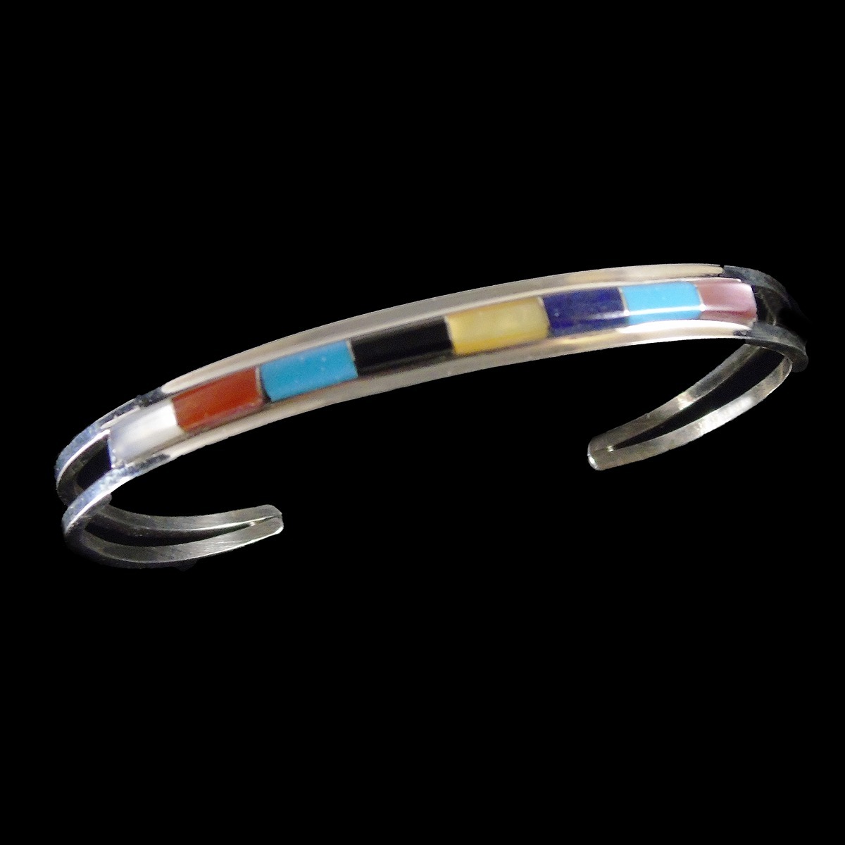 Zuni Sterling Silver Bracelet with Raised Multi-Stone Inlay