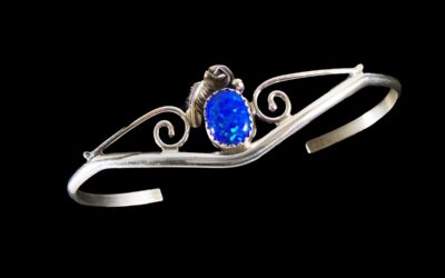 Cultured Opal Silver Cuff Navajo Bracelet Blue Stone