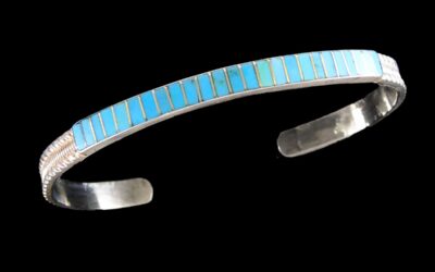 Zuni Turquoise Inlay Cuff Bracelet Sterling Silver Handmade