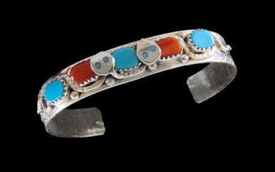 Zuni Effie Calavaza Snake Cuff Bracelet – Coral & Turquoise