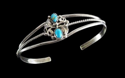 Navajo Sterling Silver Turquoise Leaf Design Cuff Bracelet