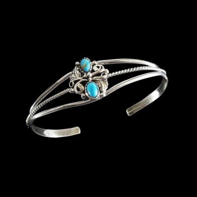 Navajo Sterling Silver Turquoise Leaf Design Cuff Bracelet