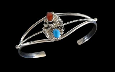 Navajo Silver Bracelet with Turquoise and Coral by W. Begay