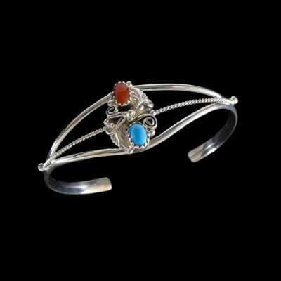 Navajo Silver Bracelet with Turquoise and Coral by W. Begay
