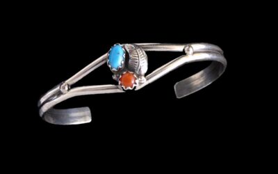 Navajo Sterling Silver Baby Bracelet Turquoise & Coral Cuff