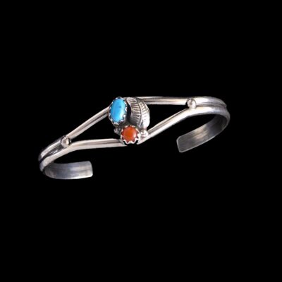Navajo Sterling Silver Baby Bracelet Turquoise and Coral Cuff