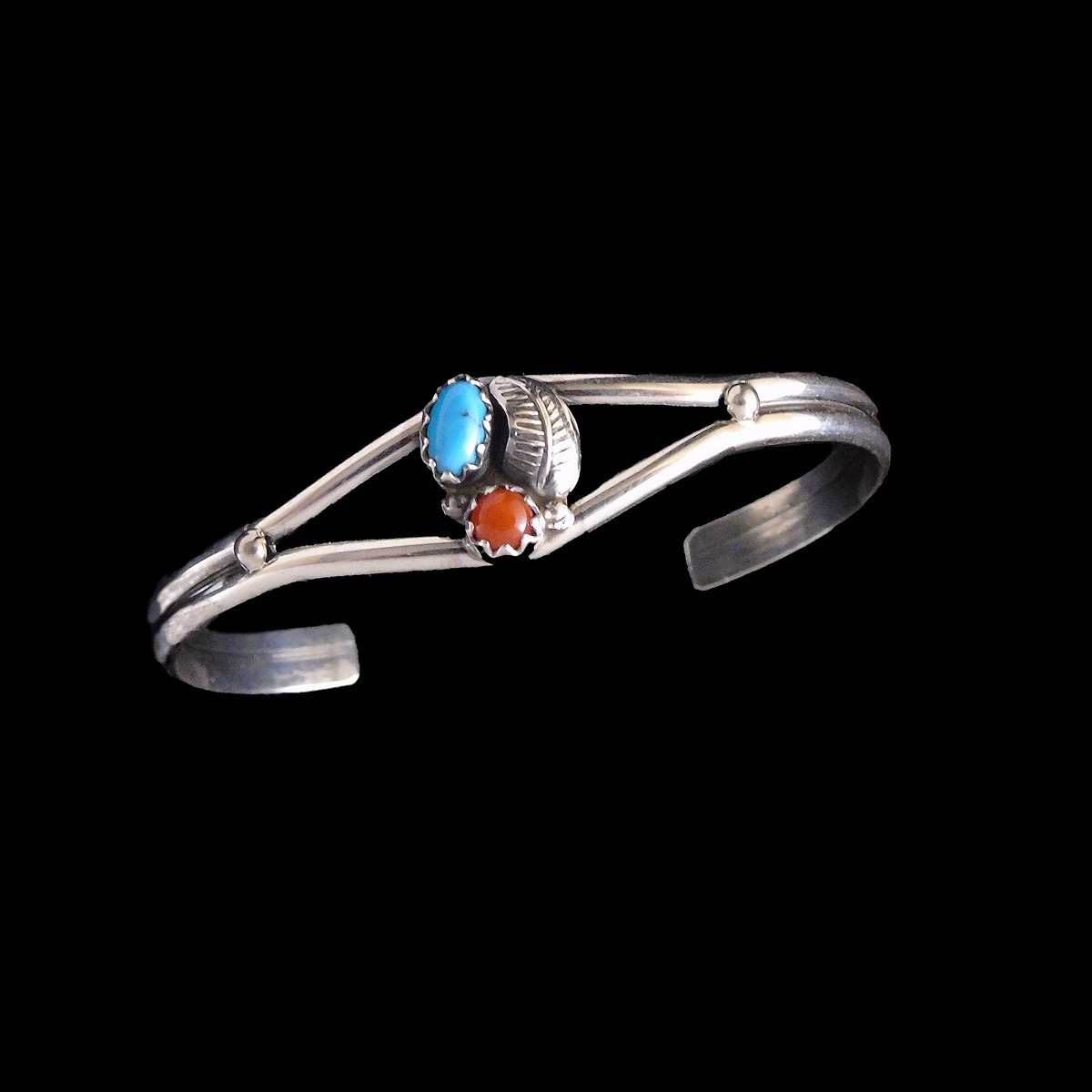 Navajo Sterling Silver Baby Bracelet Turquoise and Coral Cuff