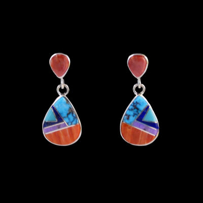 Navajo Multistone Teardrop Inlay Earrings Sterling Silver