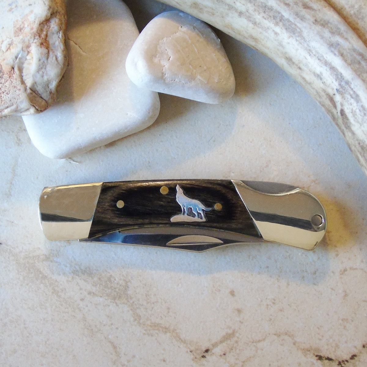 Handmade 5.25" Locking Pocket Knife w/ Sterling Silver Wolf