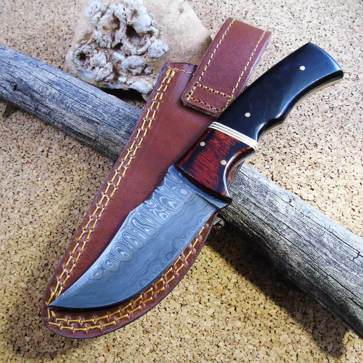 8.25" Damascus Knife - Bison Horn & Wood Handle