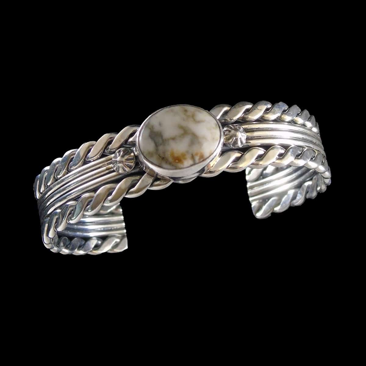 Navajo White Buffalo Turquoise Braided Sterling Silver Cuff