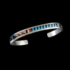Zuni Sterling Silver Inlay Bracelet Turquoise Onyx Coral