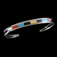 Zuni Sterling Silver Bracelet with Raised Multi-Stone Inlay