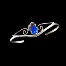 Cultured Opal Silver Cuff Navajo Bracelet Blue Stone