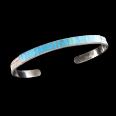 Zuni Turquoise Inlay Cuff Bracelet Sterling Silver Handmade