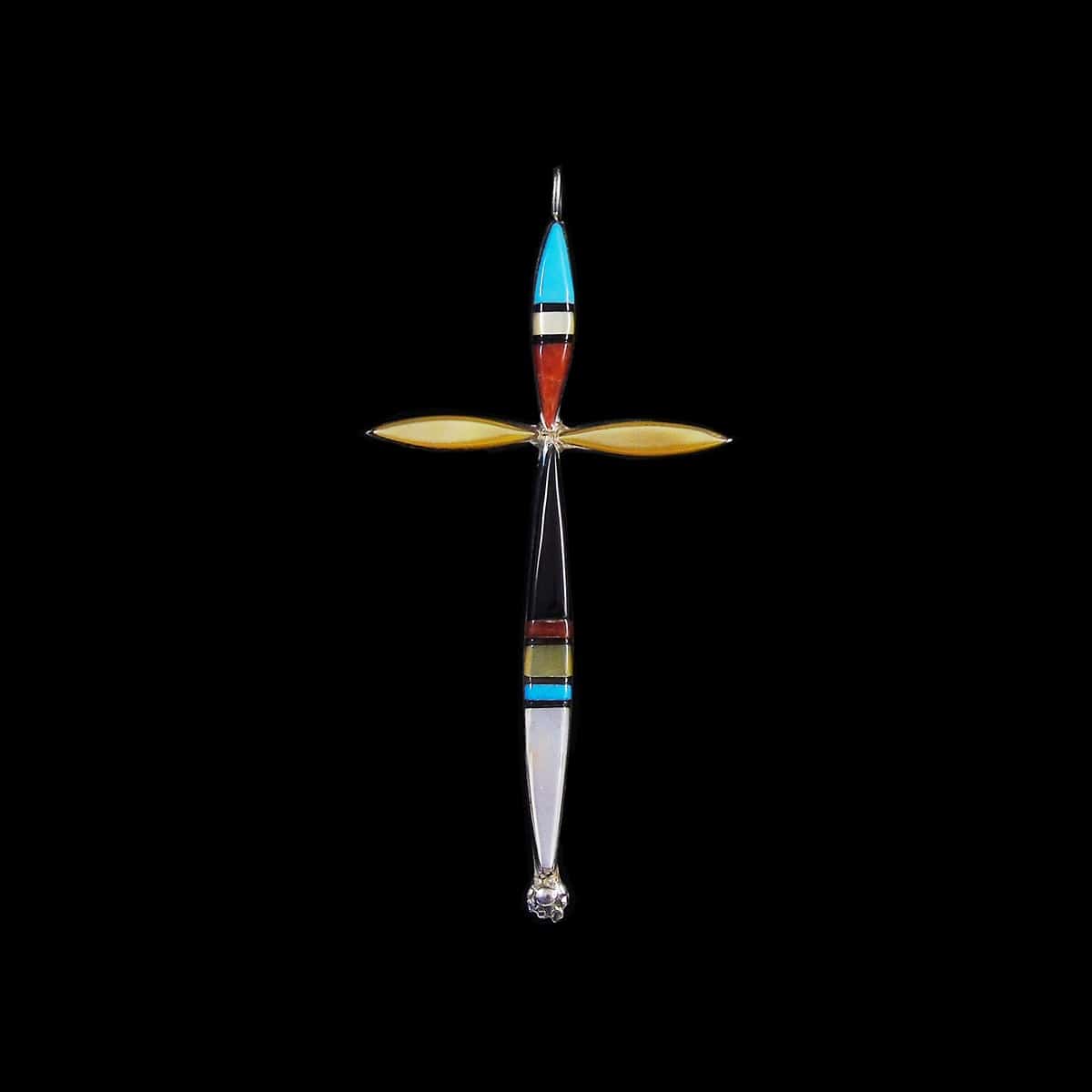 Zuni Multi-Stone Inlay Cross Pendant Sterling Silver