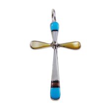 Zuni Sterling Silver Cross Pendant with Turquoise & Shell